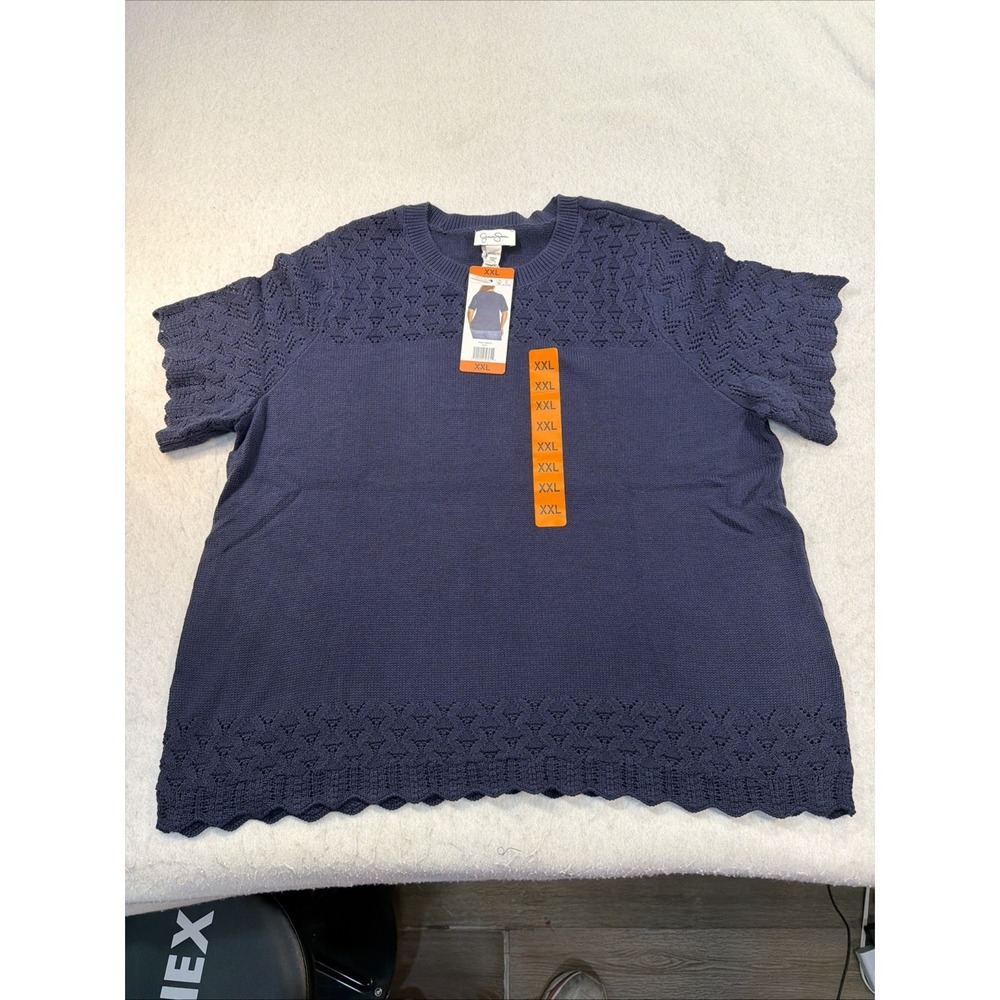 Jessica Simpson Solid Knit‎ Crew Neck SS Scallop Hem Sweater Navy XXL NWT